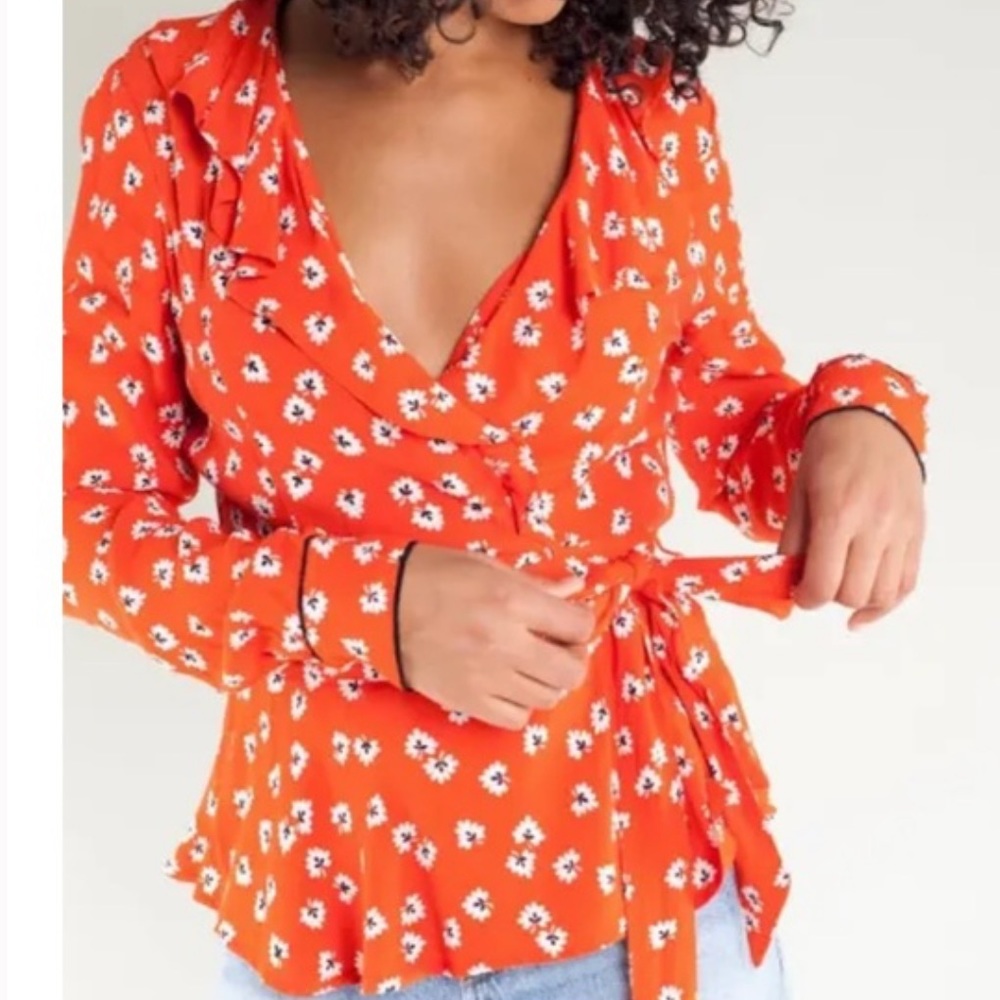 Orange ganni floral wrap blouse